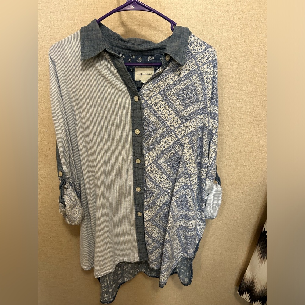 American Eagle Over sized Denim shirt with paisley patch work detail! NWOT